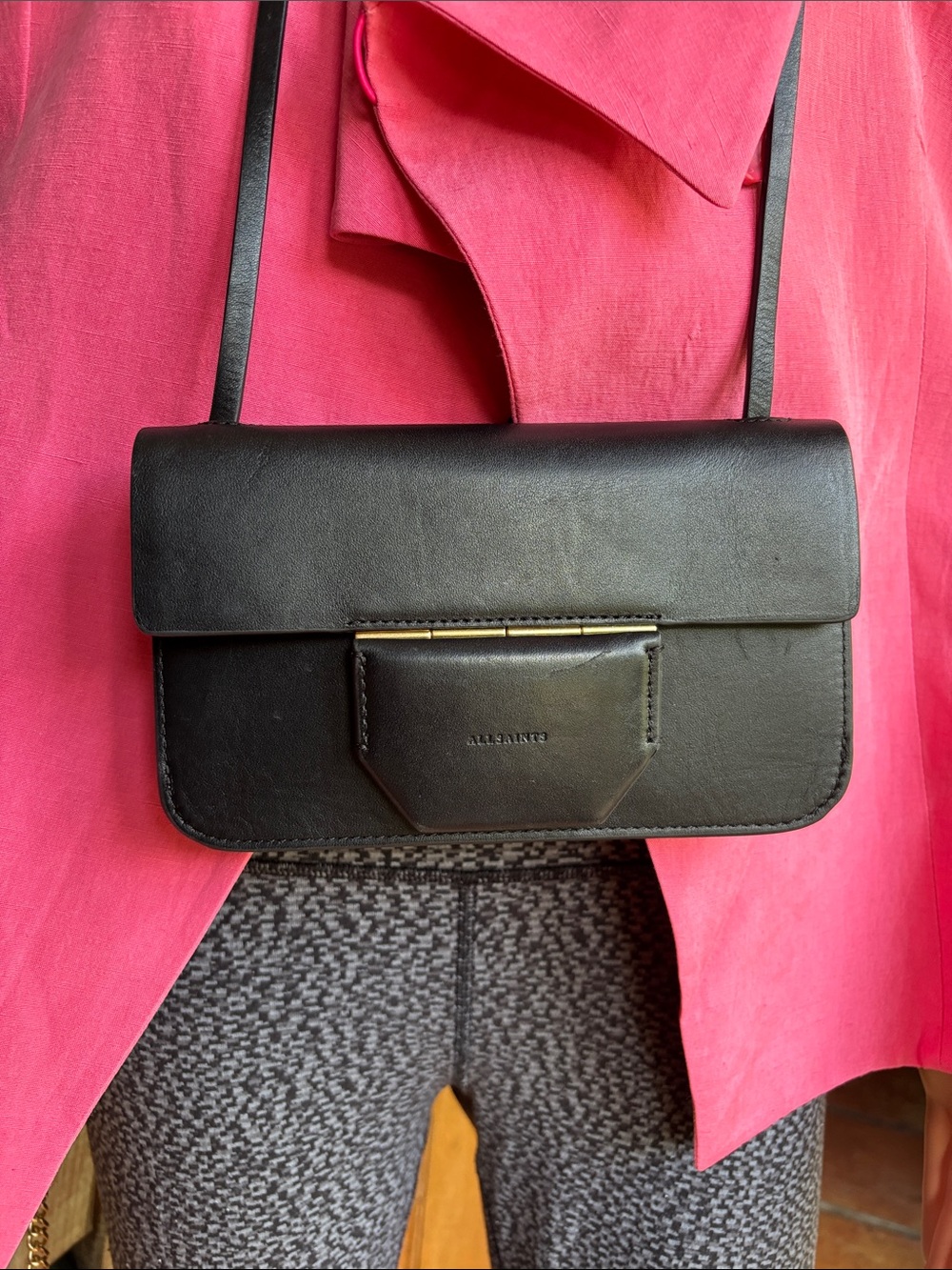 All Saints Black Leather Crossbody with Front Patch Pocket